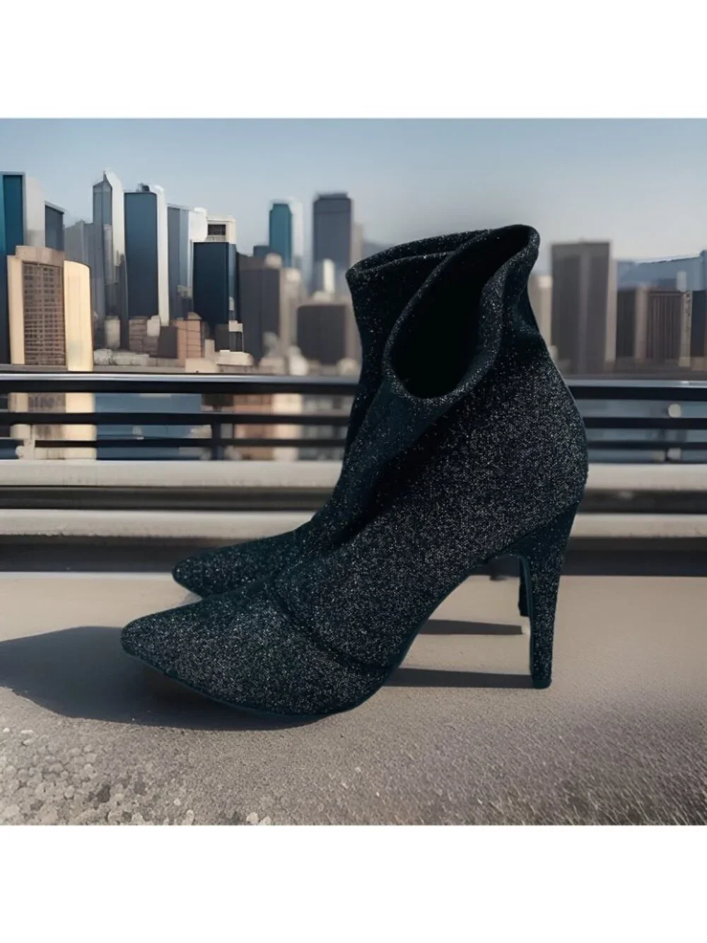 Baash Shoes Womens Size 7 Black Shiny Sparkly Glitter Ankle Booties Heels
